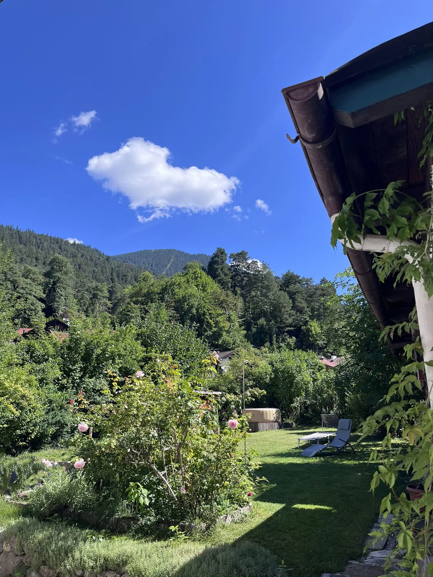 Blick vom Balkon auf Garten und Berghang