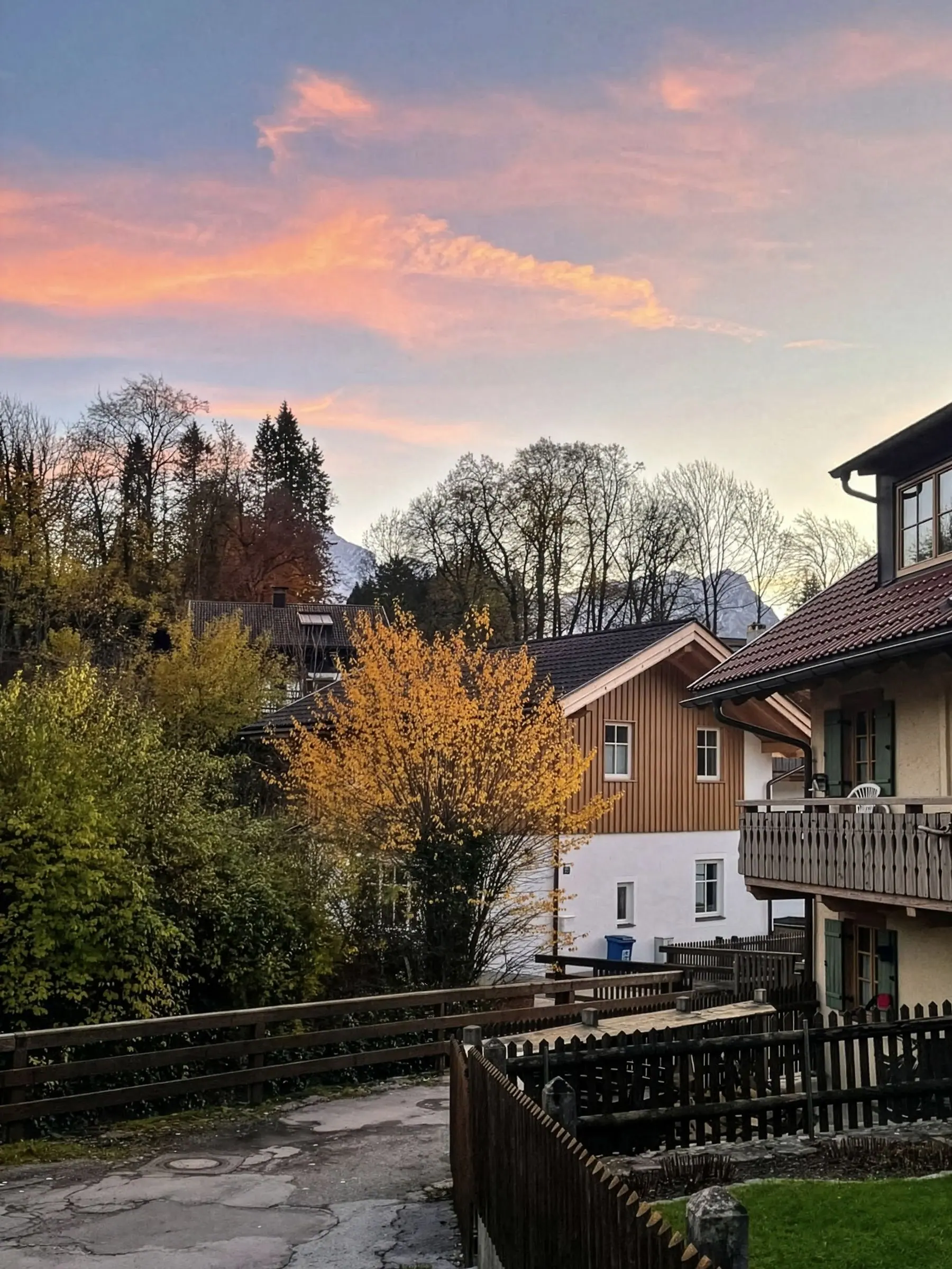 Das Ferienhaus zwischen Bäumen in Herbstfarben im Abendlicht