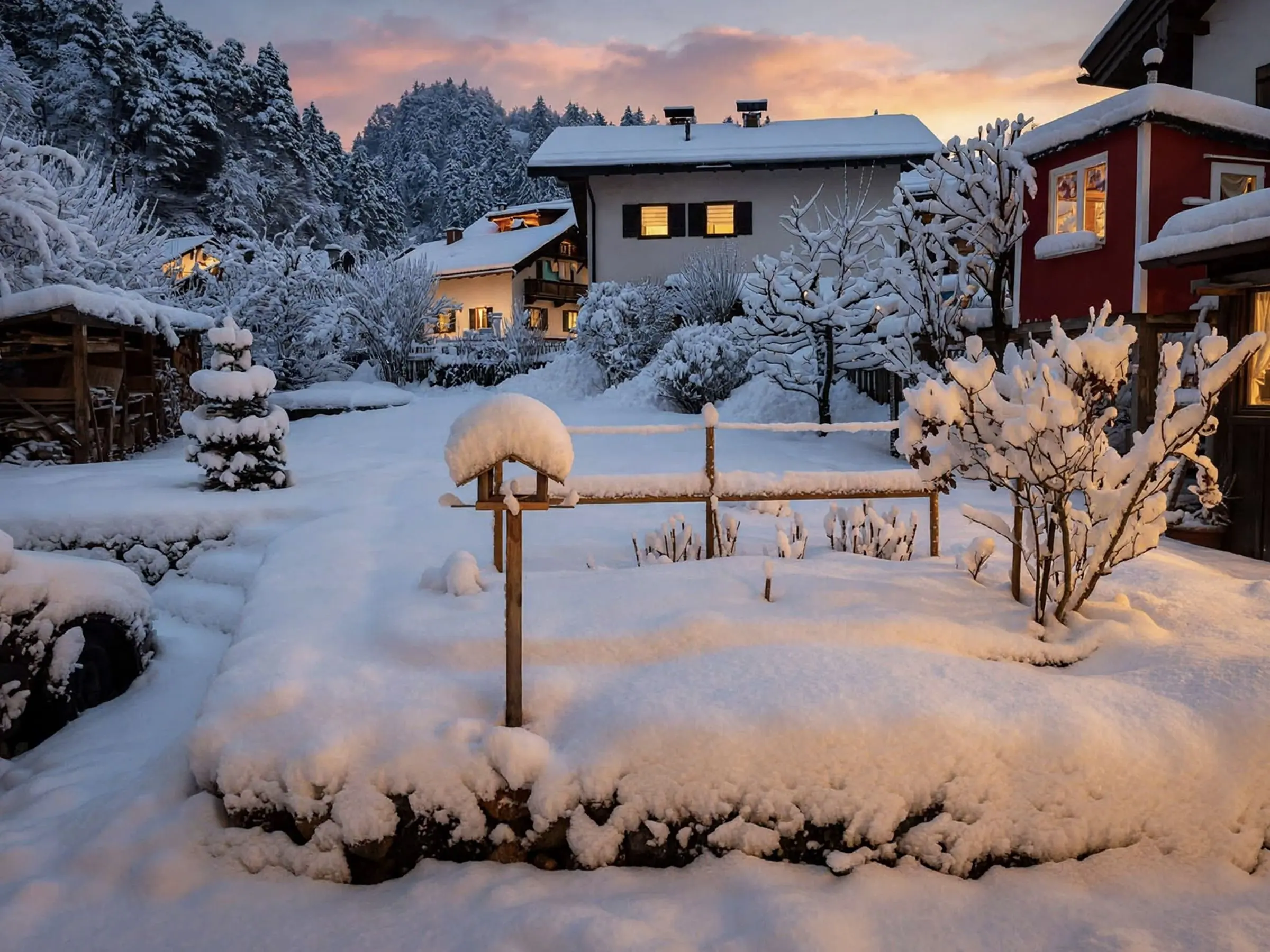 Der verschneite Garten des Ferienhauses in der Abenddämmerung